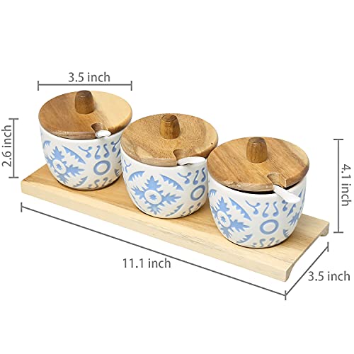 Mygift 10 Piece Ceramic Spice Jar Condiment Pot Serving Set With Spoons, Acacia Wood Lid And Display Tray #TOP5