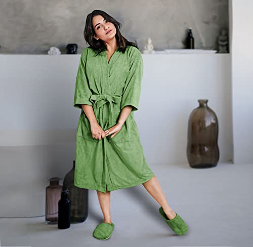 Image of Sassoon Venir Microfiber Bathrobe With Slippers for Men & Women, Unisex Luxury Bathrobe Towel, Spa Robe Combed (Pack of 1) - Green Color