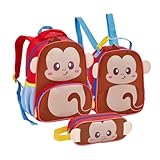 Kit Mochila Infantil Creche Menina Menino Animais Com Lancheira Termica e Estojo Passeio Escolinha (Macaco)