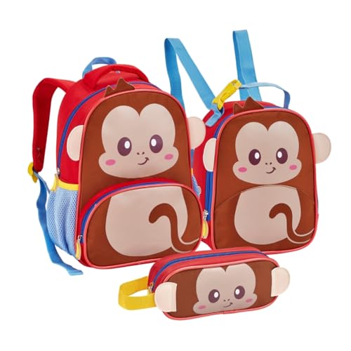 Kit Mochila Infantil Creche Menina Menino Animais Com Lancheira Termica e Estojo Passeio Escolinha (Macaco)