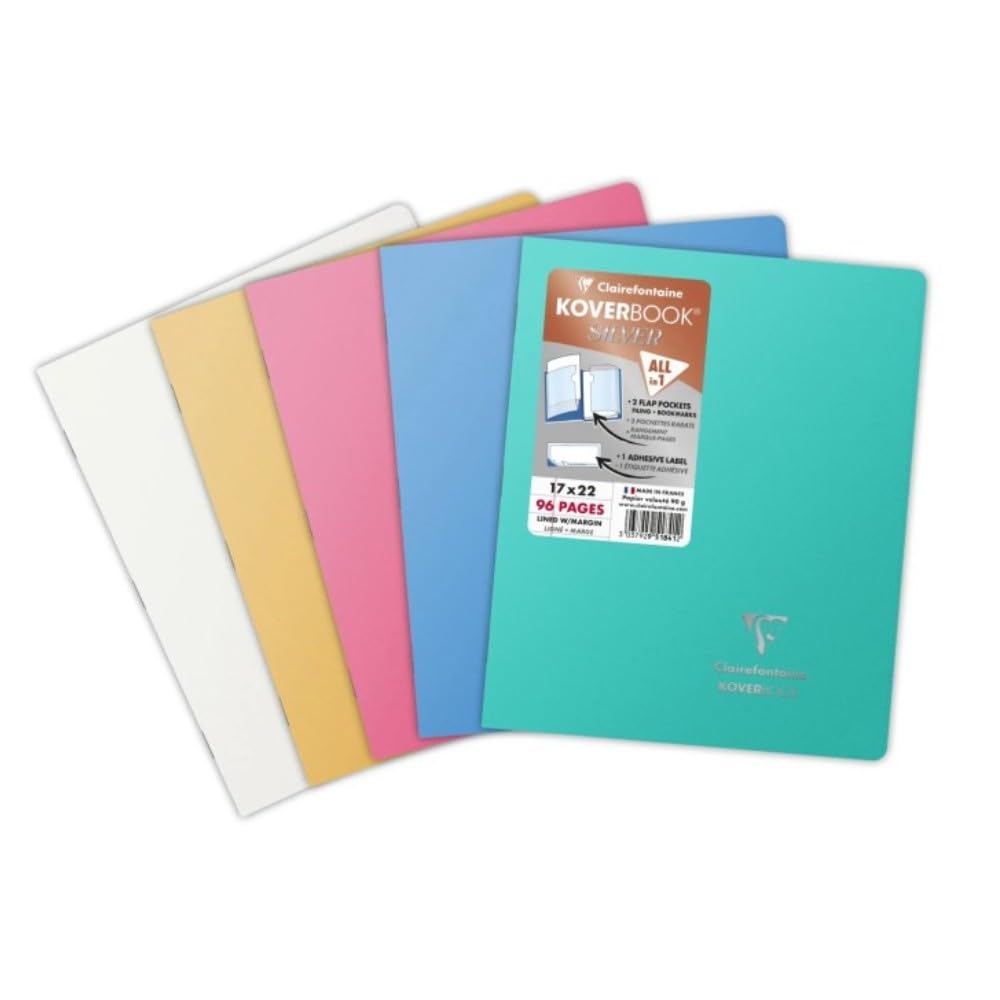 Clairefontaine 951841C A Silver Koverbook Stapled Notebook - 17x22 cm - 96 Lined Pages with Margin - 90 g White Paper - Opaque Polypro Cover - Random Colour