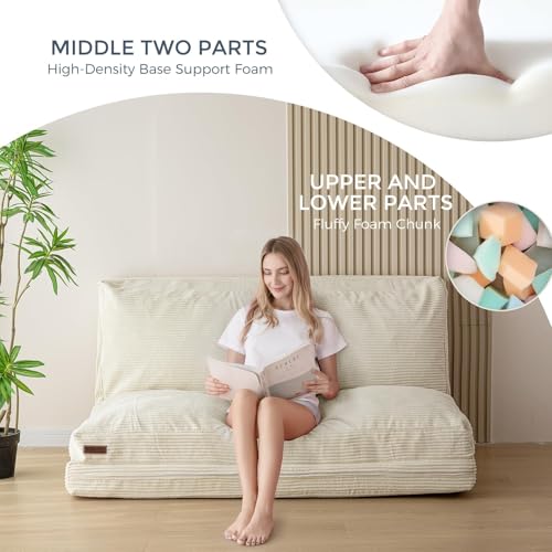 Image of MAXYOYO Folding Sofa Bed, Floor Sofa Convertible Chair with Washable Cover, Floor Couch Lounge Bean Bag Chair Bed for Living Room, Beige, 39x91 Inch