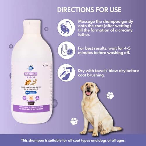 Image of PET360 Groom+ 4-In-1 Oatmeal Chamomile Dog Shampoo For All Coat Type | Detangle & Moisturize For Smooth & Itch-Free Hair With Aloevera | Sulphate & Parabens Free, 500 Milliliter