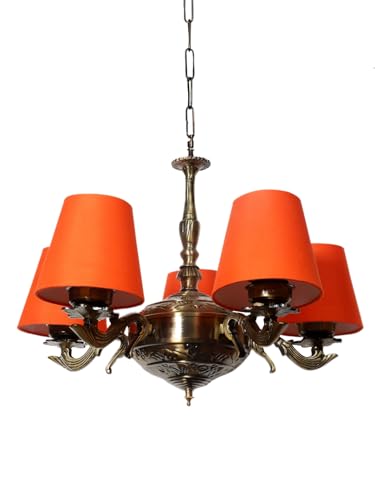 Image of Devansh 05 Lights Orange conical Cotton Shade with Antique Golden Chandelier