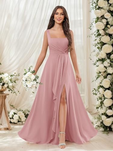 Bridesmaid Dresses for Women with Slit Chiffon Ruffles Square Neck A-Line Formal Evening Dresses with Pockets2