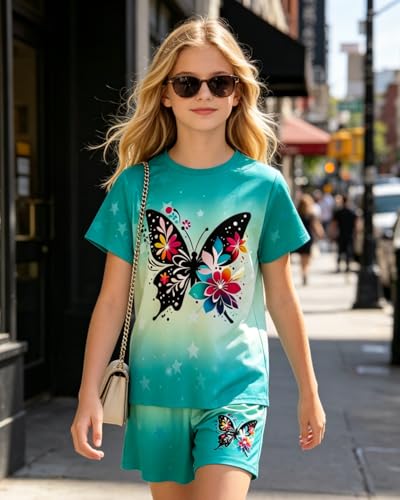 Image of 7-14Y Tween Girl Clothes 2 Piece Short Sleeve Tie Dye Heart Print Top and Shorts Teen Girl Summer Outfits Short Set