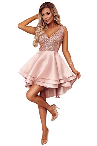 lavaggio in lavatrice (30°C) emmarcon Abito Corto Cerimonia Donna Vestito Decorato con Paillettes Scollo a V e Gonna a Tre strati-Pink-IT44/L