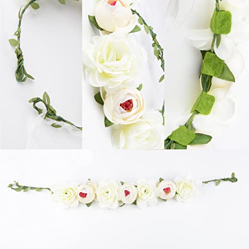 Flower Crown Rose Peony Garland Headband Hair Wreath Floral Headpiece with Adjustable Ribbon Wedding Festival Party (white) - Image 4