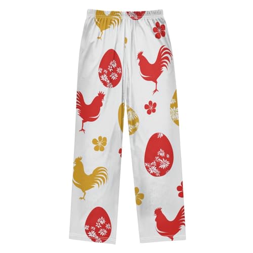 Rooster Floral Egg Boys Long Pants Soft Trousers Elastic Waist Kids Lounge Bottoms with Pockets S-XL2