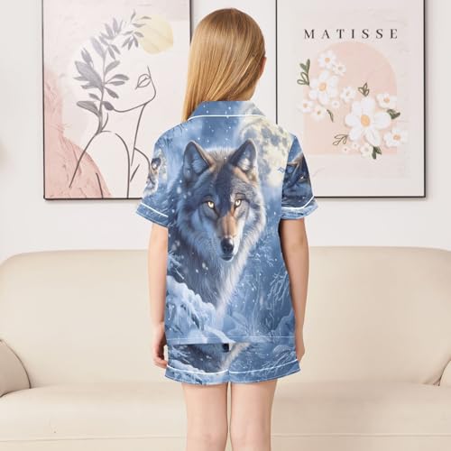 ALAZA Wolf Moon Snow Satin Pajamas Set Short Sleeve Button Down Sleepwear Summer Pjs 2 Piece4