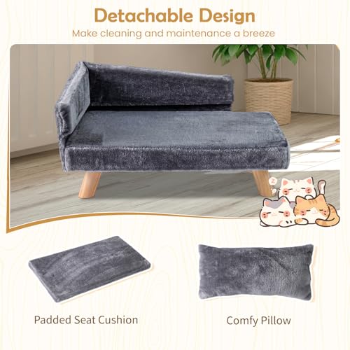 SOARS Hundesofa, Katzensofa mit Rückenlehne, Kissen & Holzbeinen, Hundecouch für kleine Hunde, Hundebett erhöht, Haustiersofa, 81 x 51 x 47 cm, Grau