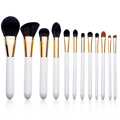 ENZO KEN Crystal White Shiny Gold Makeup Brush Set 12 Pcs, High End Piano Bake Paint Eye Complete Kit with Roll Up Travel Bag for Face Eyeshadow Eyebrow Eyeliner Blending Blush, Contour Bronzer Highlighter, Concealer Powder Foundation Cream