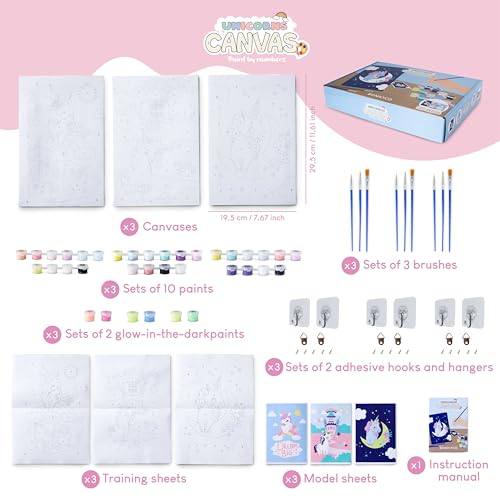 BONNYCO Unicorn Paint by Numbers Kit for Kids – 3 Framed Canvases for Girls' Arts and Crafts