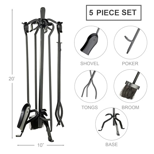 UniFlame, F-1267, 5-Piece Heavy Weight Black Wrought Iron Fireplace Tools Set
