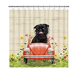 GABSHAIM Cute Shower Curtain Black Colour Brussels Griffon Dog Drive a Car Bath Curtains Floral Pattern Shower Curtain Waterproof Fabric Bathroom Decor 72x72 Inch