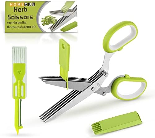 Stainless Steel 5 Blade Herb Scissors Set with Vegetable Peeler, Shredder & Cleaning Comb - MultiUse Herb Stripper for Chopped Kale and Herbs - Ideal for Cutting, Chopping, Slicing, Shredding
