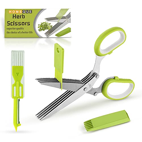 Stainless Steel 5 Blade Herb Scissors Set With Vegetable Peeler, Shredder & Cleaning Comb - Multiuse Herb Stripper For Chopped Kale And Herbs - Ideal For Cutting, Chopping, Slicing, Shredding #TOP2