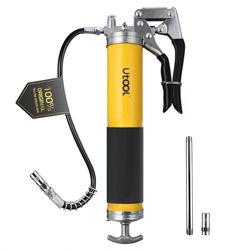 UTOOL Grease Gun | 8000 PSI Heavy Duty Pistol Grip Grease Gun Kit 14 oz Capacity 18 Inch Resin Flex Hose 2 Basic Coupler and 1 Extension Rigid Pipe