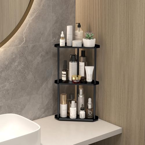 Image of Jesginboo 3 Tier Bathroom Counter Organizer, Vanity Organizer Corner Shelf | Skincare, Makeup Countertop Organizers, Kitchen, Bathroom Counter Storage, Black