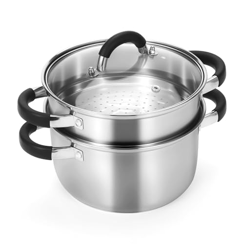 Comparison: Best Large Stainless Steel Steamer 6 Kirecoo 3.2QT Steamer for Cooking - Stainless Steel Steam Pot with Steamer Basket, Cooking Stock Pot with Silicone Handle, Lid for Vegetable, Dumplings, Soup, Food, 3Ply Bottom Boiling Stew Cookware