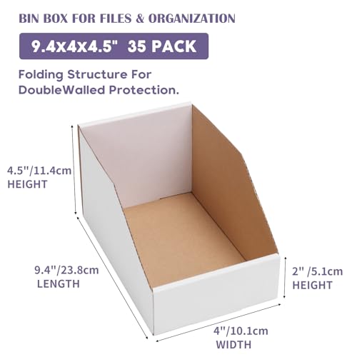 Image of EXYGLO Cardboard Storage Bins 35 Pack, 9.4x4x4.5 Inch Cardboard Boxes, Corrugated Organizer Bins for Pantry, Shelves, Garage, Office, Shop, White