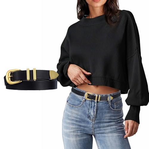 Telooco Damengürtel Jeans Damen Ledergürtel Schwarz PU Leder Gürtel Elegant Breit Gürtel Taillengürtel Elegant Damengürtel mit Gold Schnalle für Frauen Jeans Kleider