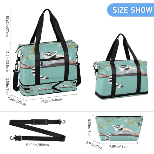 Ring-tailed Lemur Branch Teal Travel Duffel Bag for Women Men Gym Bag with Shoe Compartment Wet Pocket Carry On Weekender Overnight Bags for Travel Hospital Gym3