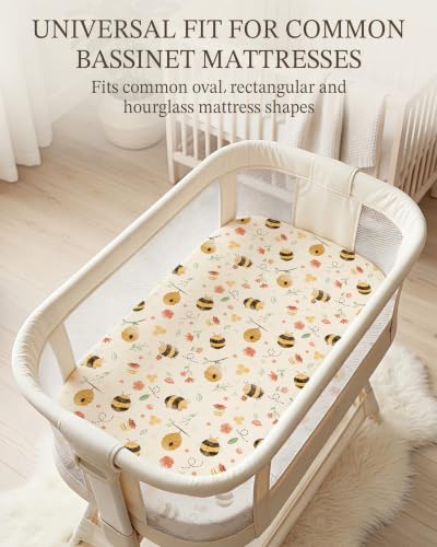 Image of Bassinet Sheets for Baby Girls Boys 2 Pack, Fitted Baby Mattress Sheet for Rectangle, Oval, Hourglass Bassinet Mattress, Breathable Cozy & Universal Fit (Honeybee Dreams, Bassinet Sheet)