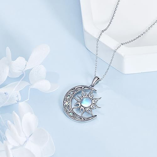Sun and Moon Necklace for Women 925 Sterling Silver Celtic Crescent Moon Pendant Blue Opal/White Opal/Abelone Shell/Labradorite/Moonstone Jewelry Gift for Teen Girls4