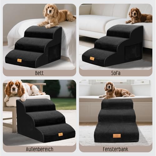 Thihome Hundetreppe für Kleine Hunde, Haustiertreppe 3 Stufen, Hochdichtem Schwamm Hundetreppen 40cm Hoch, Hunde Treppe mit Waschbarem Bezug, Rutschfestem Hunderampe für Bett & Sofa, Schwarz