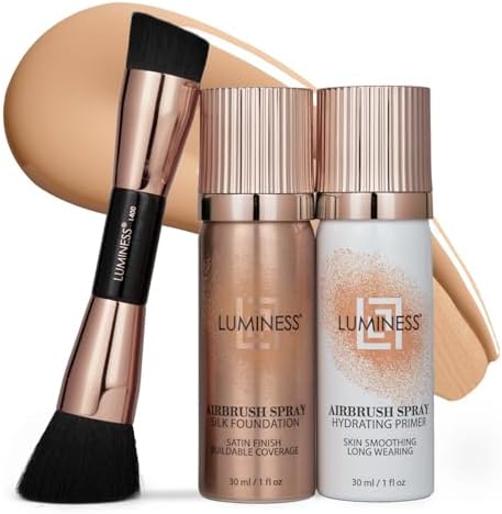 LUMINESS Silk Airbrush Spray Foundation 3-PC Kit - Foundation, Primer & Dual-Sided Makeup Brush - Buildable Coverage, Anti-Aging Formula, Humidity Resistant, Hydrates & Moisturizes, Light Medium