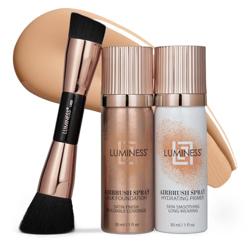 LUMINESS Silk Airbrush Spray Foundation 3-PC Kit - Foundation, Primer & Dual-Sided Makeup Brush - Buildable Coverage, Anti-Aging Formula, Humidity Resistant, Hydrates & Moisturizes, Light Medium