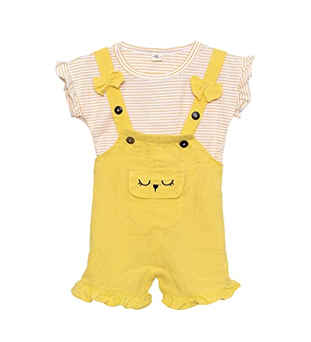 Image of Bold N Elegant Tide Edition Han Summer Suits Cartoon 2 pc Suspender Dungaree Baby Boy Girl Clothing Tshirt Shorts for little Kids (Yellow, 3-4 Years)