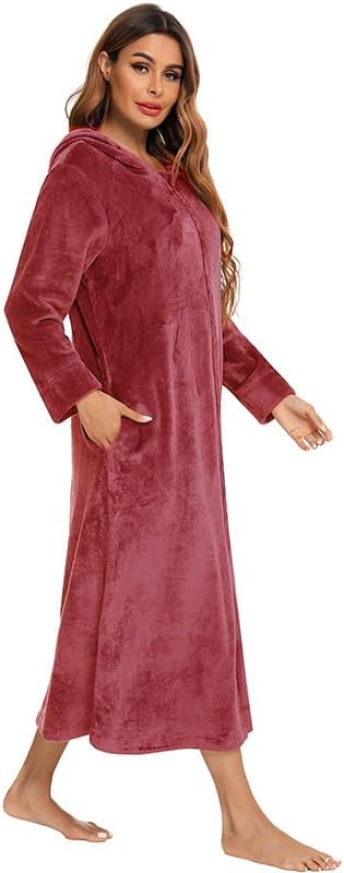 Women's Hooded Plush Robe Winter Warm Flannel Fleece Bathrobe with Pockets Long Soft Zipper Front Robe - Image 2
