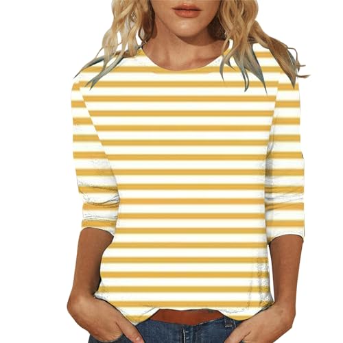 Maglietta a righe da donna, a maniche a 3/4, a righe, con scollo rotondo, casual, per primavera, estate, stile vintage, per lo streetwear Y2k, giallo., 3XL Maglietta a righe da donna, a maniche a 3/4, a righe, con scollo rotondo, casual, per primavera, estate, stile vintage, per lo streetwear Y2k, giallo., 3XL
