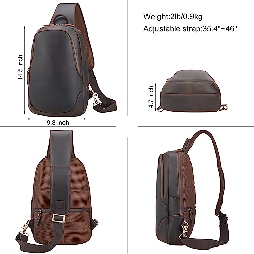 TIDING Men's Vintage Leather Crossbody Sling Bag Outdoor Travel Chest Bag Shoulder Daypack Fits 12.9" iPad4