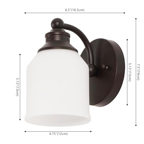 Image of JONATHAN Y 5.13 inch Oil Rubbed Bronze White 1-Light Metal Glass Candlestick Vanity Light Wall Sconce Farmhouse Transitional for Bathroom with Frosted Glass Shade LED Bulb Included JYL7549B