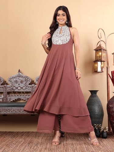 Image of Varanga Women Silk, Georgette Solid Nude Yoke Embroidered Sleeveless Flared Kurta With Trousers Co-Ord Set