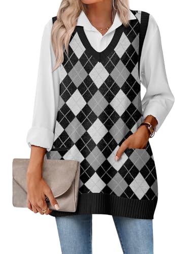 Zeagoo Argyle Sweater Vest for Women 2025 Fall Ribbed Knit Sleeveless Sweaters with Pocket