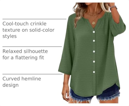 Image of OFEEFAN Button Down Shirts for Women 3 /4 Length Sleeve Tops V Neck Blouses Business Casual Outfits Loose Fit