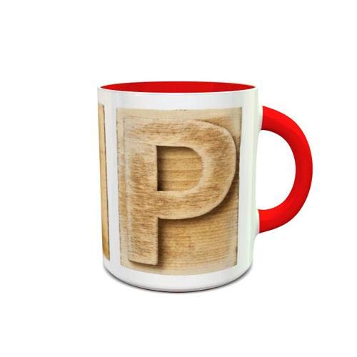 imPRESSWhite and Red Ceramic Mug with Wooden Colored Alphabet P Design 320