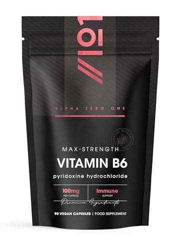 Vitamin B6 100mg 90 Vegan Capsules Max Strength Pyridoxine Hydrochloride Resealable and Recyclable Pouch - By Alpha01