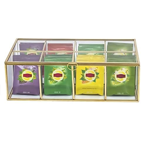 NCYP 12" x 7.1" x 3.7" Glass Tea Bags Organizer, Sugar Packets Storage Box - 8 Grids Compartments Jewelry Container, Indoor Counter Top Brass Display Case with Lid, Gold Decor, Handmade Cover
