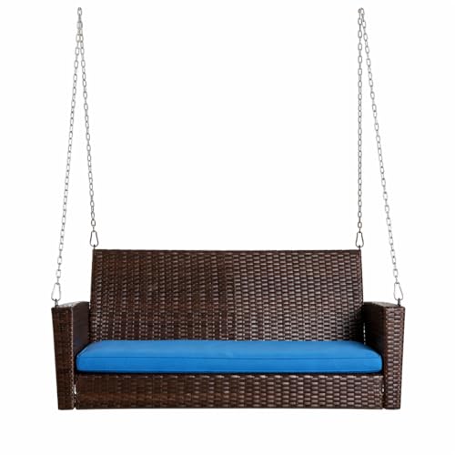 Image of Carry Bird Rattan Wicker Two Seater Swings with Cushion, Brown, 120x60x60 cm, Garden Porch Hammock for Adults (Blue Cushion, 2 Seater Prouch Swing, Leather Brown Prouch Swing)
