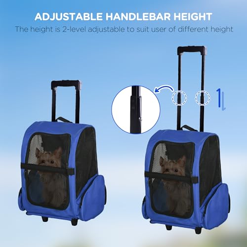 PawHut Pet Travel Backpack Bag Cat Puppy Dog Carrier w/ Trolley and Telescopic Handle Portable Stroller Wheel Luggage Bag (Blue) - Image 5
