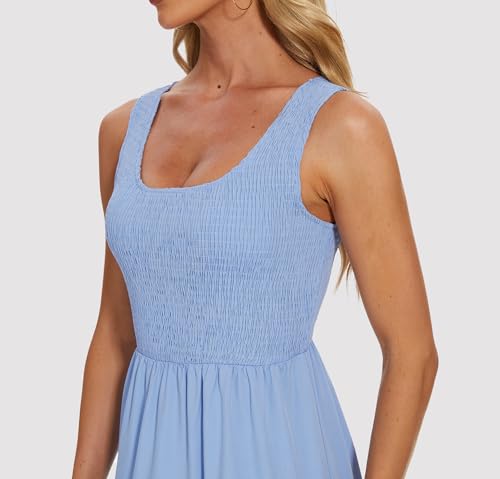Image of Women's Summer Smocked Maxi Dresses Sleeveless U Neck Ruffle Hem Tiered A Line Flowy Dress