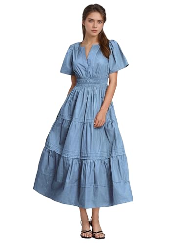 Image of ShallWe Women's Basic Plain Summer Dress Casual Long Maxi Short Sleeve Layered Cotton V Neck A Line Fashion Travel