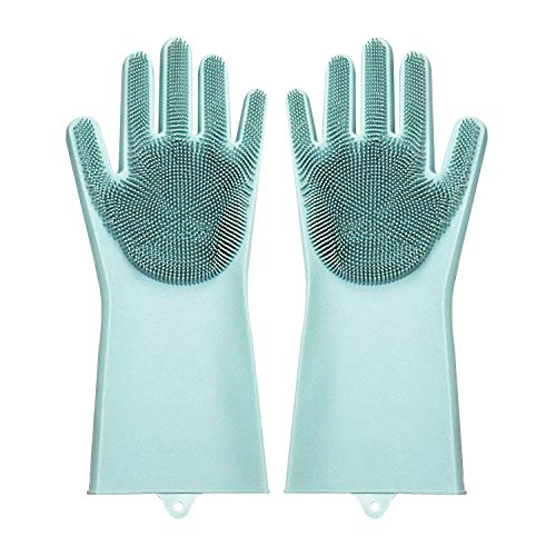 BAMOMBY 2PCS(1pair) Reusable Scrubber Heat Resistant Dishwashing Brush Gloves (Light Blue)