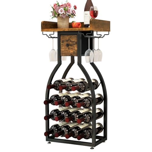IBUYKE Wine Rack Freestanding Floor,Wine Storage 15 Bottles Bottle Rack with Glass Holders, Mini Bar Wine Cabinet with Storage Drawer for Home Bar Kitchen Dining Room,Rustic Brown,UTMJ908H