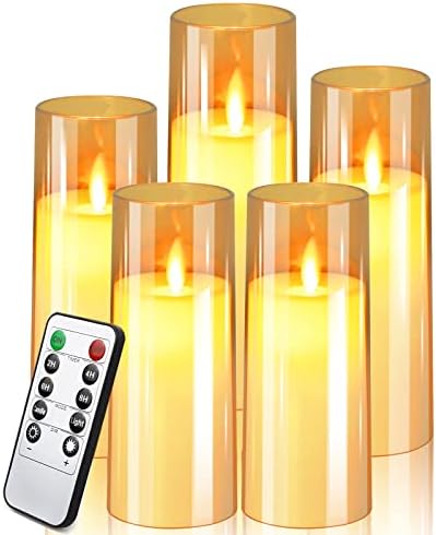 Comenzar Golden Flickering Candles with Acrylic Glass, Battery Operated LED Flameless Candles with Timer, Decorative Realistic Moving Flame Glass Pillar Flameless Candles with Remote Control,Set of 5
